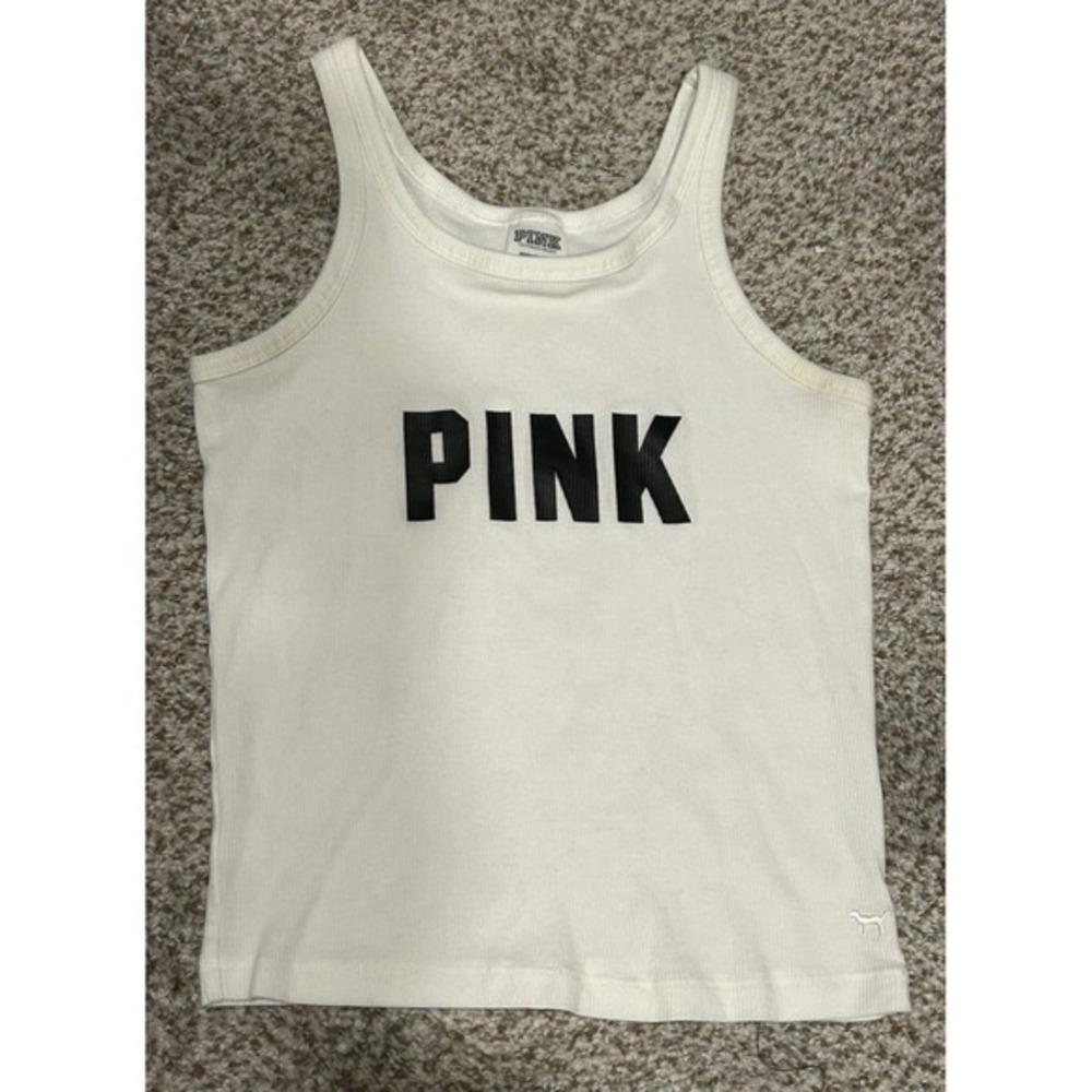 Victoria Secret Pink Tank Top Small Spelled out Rave Preppy Fun Base Layer White